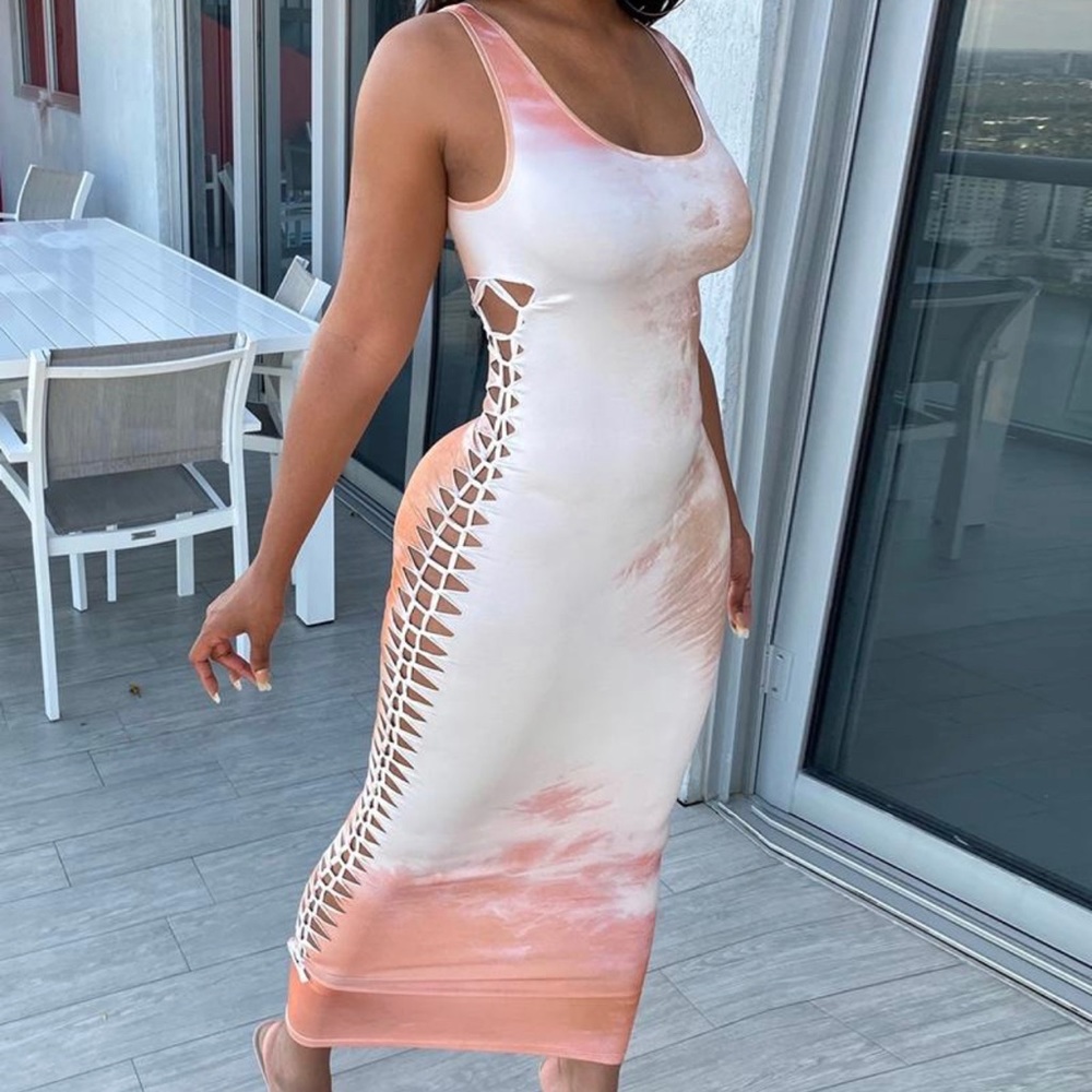 Tie Dye Print Cutout Skinny Maxi Dress